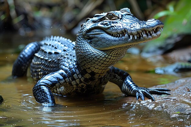 a crocodile with a large head and a large alligator in the water