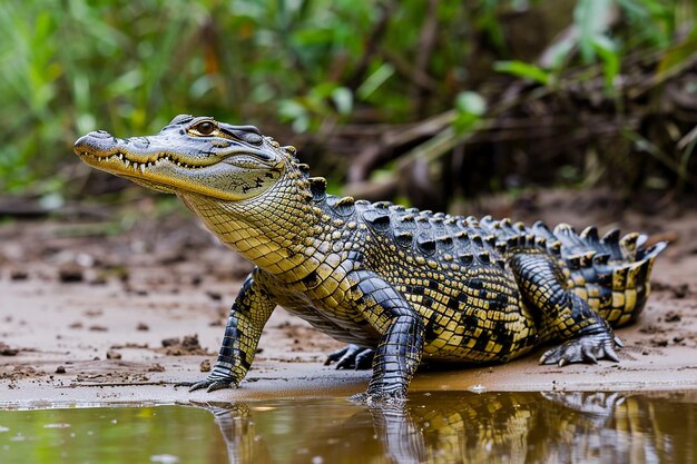 Photo a crocodile with a large head sits in the mud