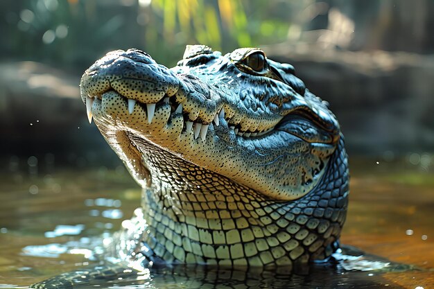 a crocodile with the mouth open and the word alligator in the water