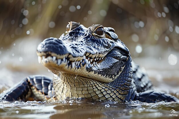 a crocodile with the mouth open and the word alligator in the water