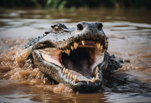 Photo a crocodile with open mouth is sticking out of the water