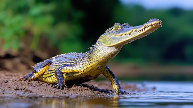 Photo a crocodile with an open mouth is walking in the water