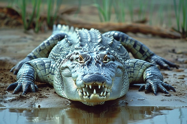 a crocodile with open mouth laying on the ground