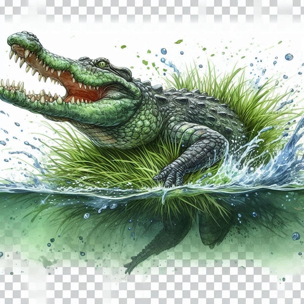 A crocodile with an orange beak is in the grass