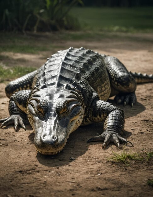 a crocodile with a star on its head laying on the ground