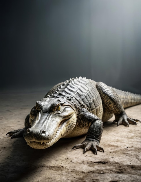 a crocodile with a stick on its head is laying on the ground