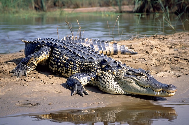 a crocodile with a tag on its neck is laying in the mud