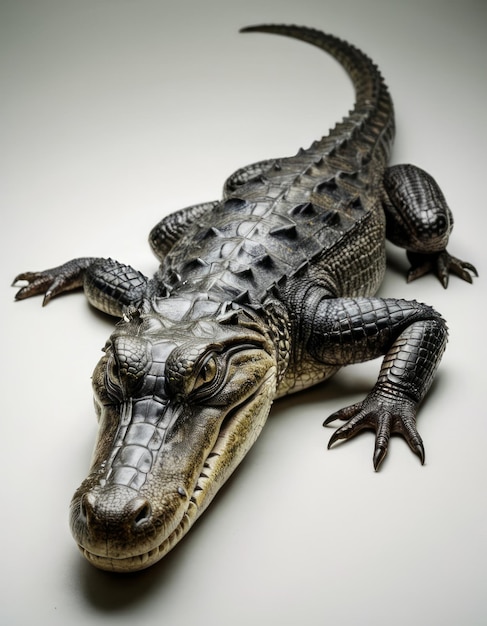 a crocodile with a white background and a black and white pattern on its body