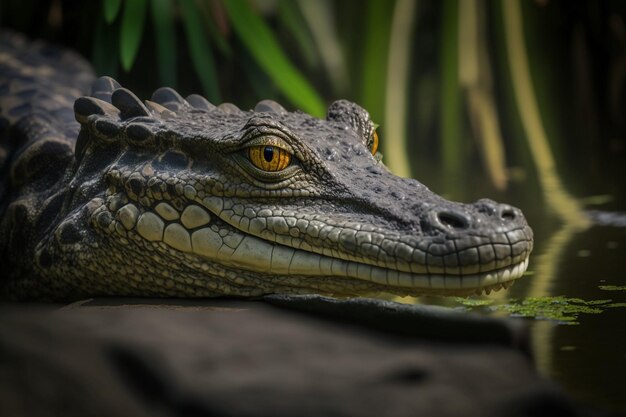 Photo a crocodile with a yellow eye is looking out of a swamp