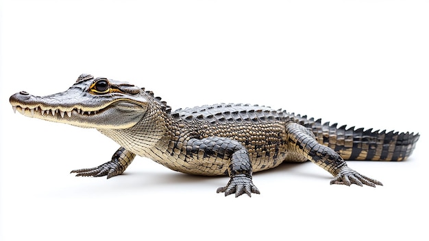 Photo a crocodile with yellow eyes and a black nose is laying on a white surface