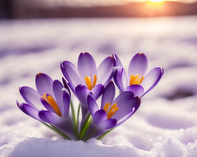 Crocus bulb blooming in snow first spring flower Generative AI