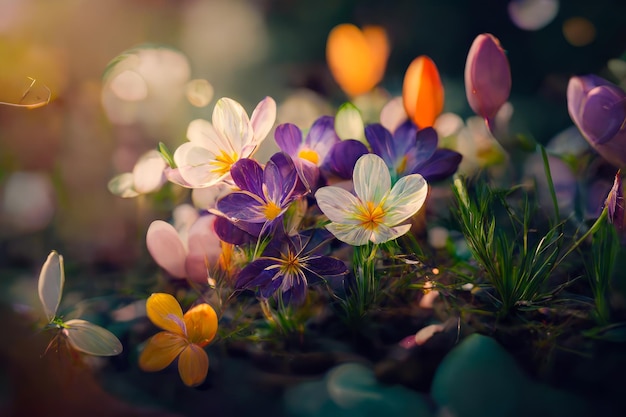 Crocus flowers in the sunlight with blurred background Generative AI