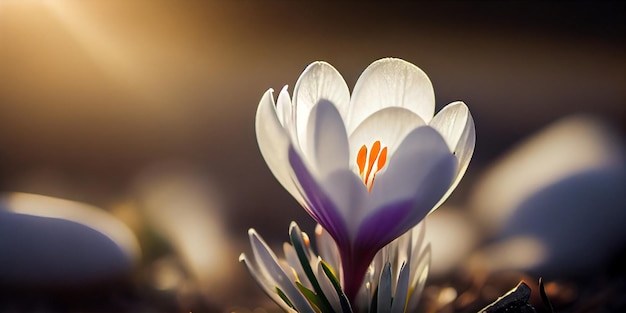 Crocus macro Spring white flowers Panoramic meadow landscape with blossoming plants and sun glare AI Generated