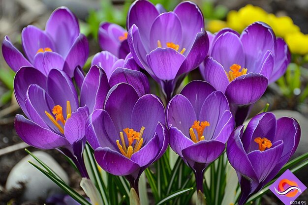 Photo crocus spring flower growth in the snow beautiful floral wide panorama purple crocus iridaceae