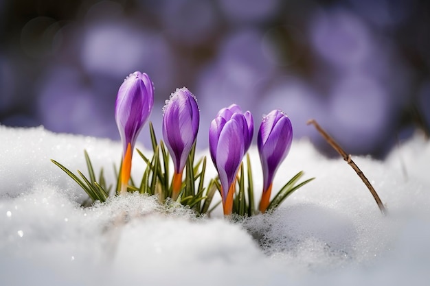 Crocuses blooming purple flowers making their way from under the snow in early spring closeup with space for text generate ai