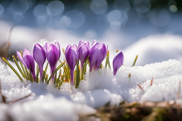 Crocuses blooming purple flowers making their way from under the snow in early spring closeup with space for text generate ai