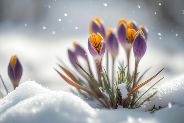 Crocuses in the snow close up AI generation