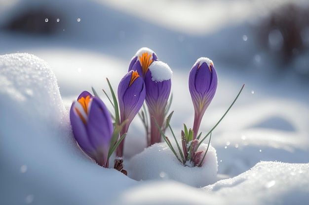 Crocuses in the snow close up AI generation