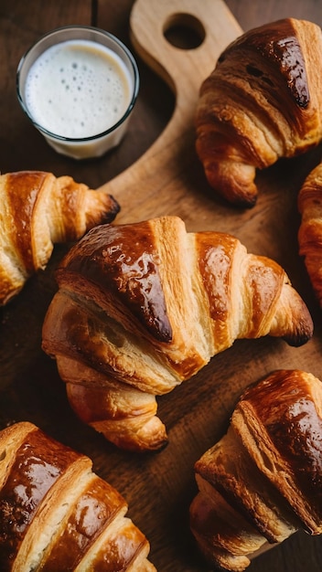 croisants on wooden cutting board and milk top view