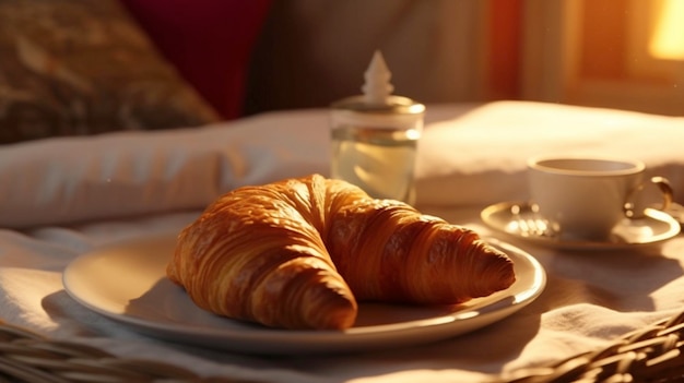 Croissant Breakfast Served on a Bed in a Hotel Room