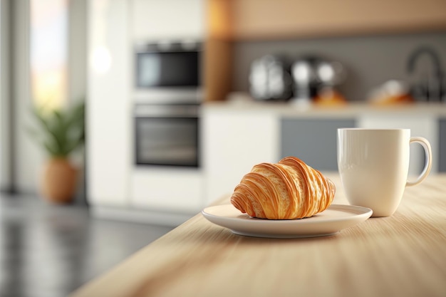 Croissant and coffee on kitchen countertop Illustration AI Generative