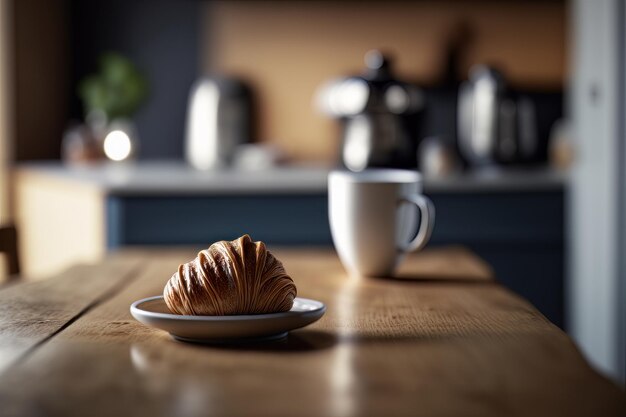 Croissant and coffee on kitchen countertop Illustration AI Generative