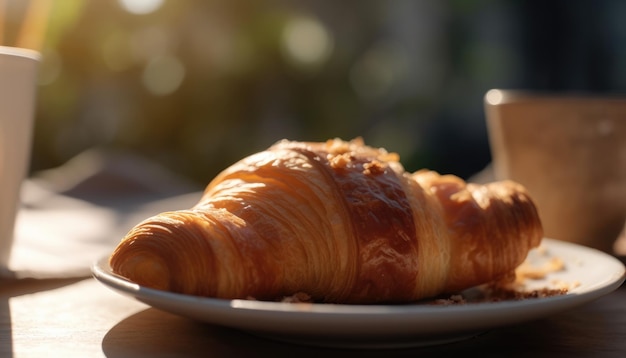 Croissant and coffee on the table Sunny morning street view in the background Generative AI