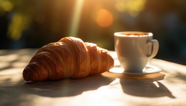 Croissant and coffee on the table Sunny morning street view in the background Generative AI