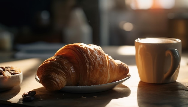 Croissant and coffee on the table Sunny morning street view in the background Generative AI