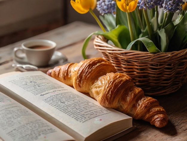 a croissant and a cup of coffee are on a table with a basket of flowers