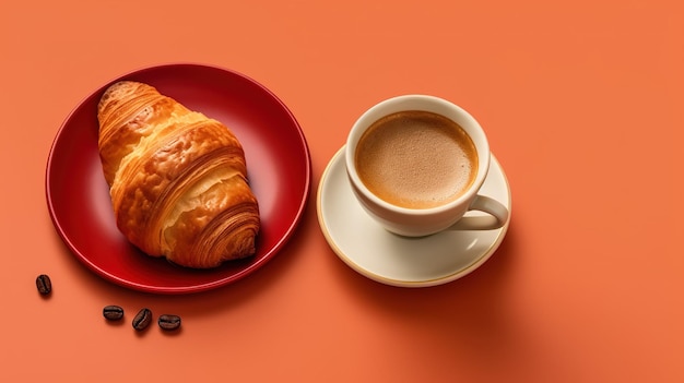 A croissant and a cup of coffee on an orange background