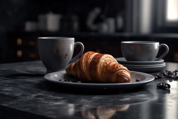 A croissant and a cup of coffee sit on a table.