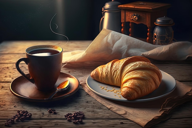 Croissant and a cup of coffee on a table with a cozy and inviting ambiance The croissant is depicted with its flaky layer Generative AI