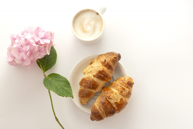 Croissant and a cup of coffee with pink hydrangea. Copy space.