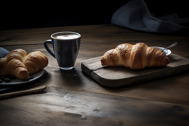 A croissant and a cup of coffee on a wooden table