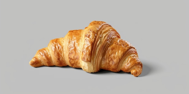 A croissant is on a grey background The croissant is golden brown and has a slightly crispy texture