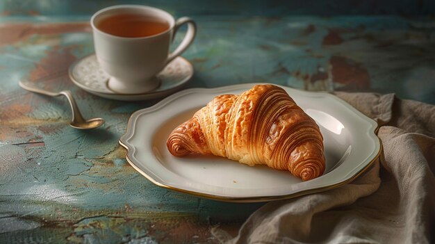 Photo a croissant is on a plate next to a cup of tea