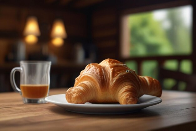 Photo a croissant is on a plate next to a glass of orange juice