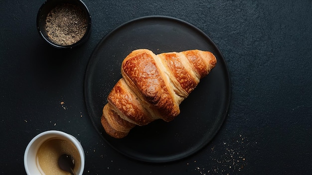 A croissant is on a plate with a cup of coffee and a bowl of spices