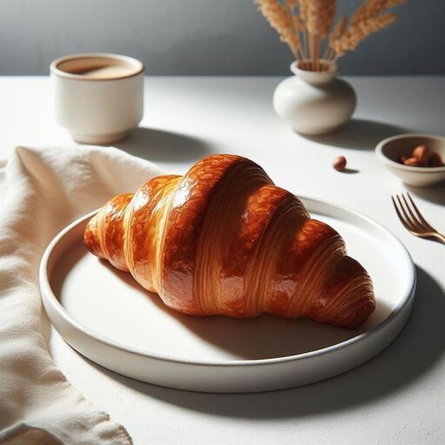 a croissant is on a plate with a napkin on it