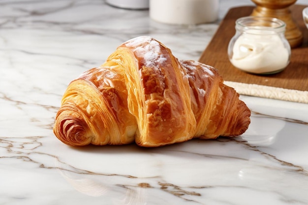 Croissant on a Marble Counter with Flour yummy delicious croissant food image photography