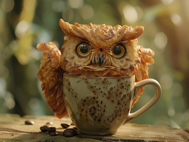 A croissant owl perches on a coffee mug its eyes wide with coffee bean pupils watching the dawn