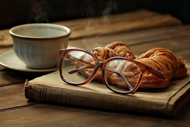 A croissant and a pair of vintage eyeglasses