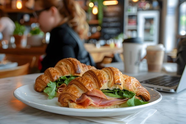 Photo croissant sandwich with ham and arugula on wooden table