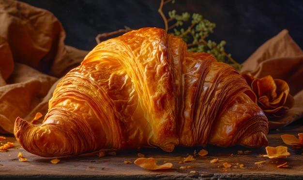 Croissant sitting on top of wooden table next to plant Generative AI