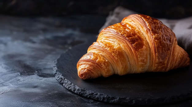 Croissant on slate plate golden flaky pastry dark background