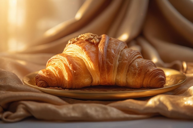 Croissant in soft golden light with elegant presentation with napkin on background Generative AI