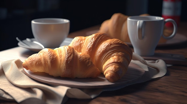 A croissant and two cups of coffee sit on a table with a plate of croissants.