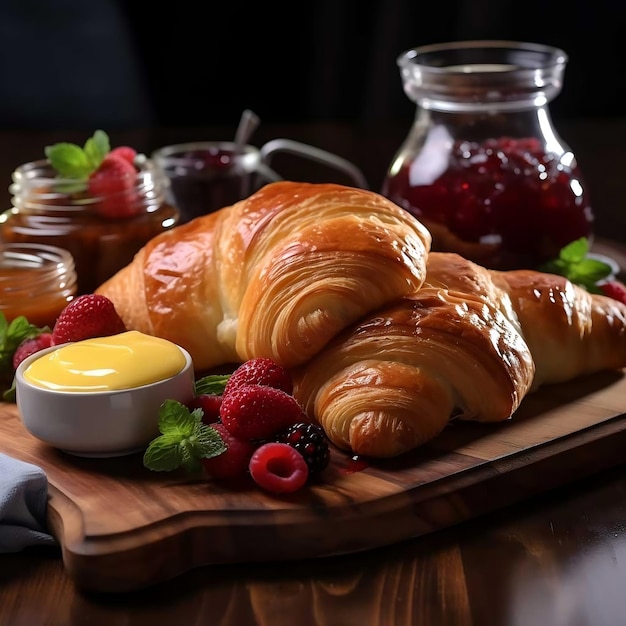 Croissant with berry jam and orange juice on wooden table