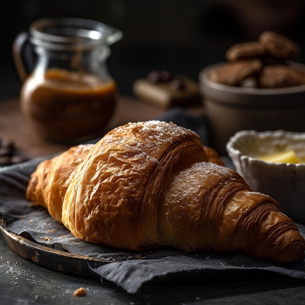 A croissant with butter and coffee on a table.